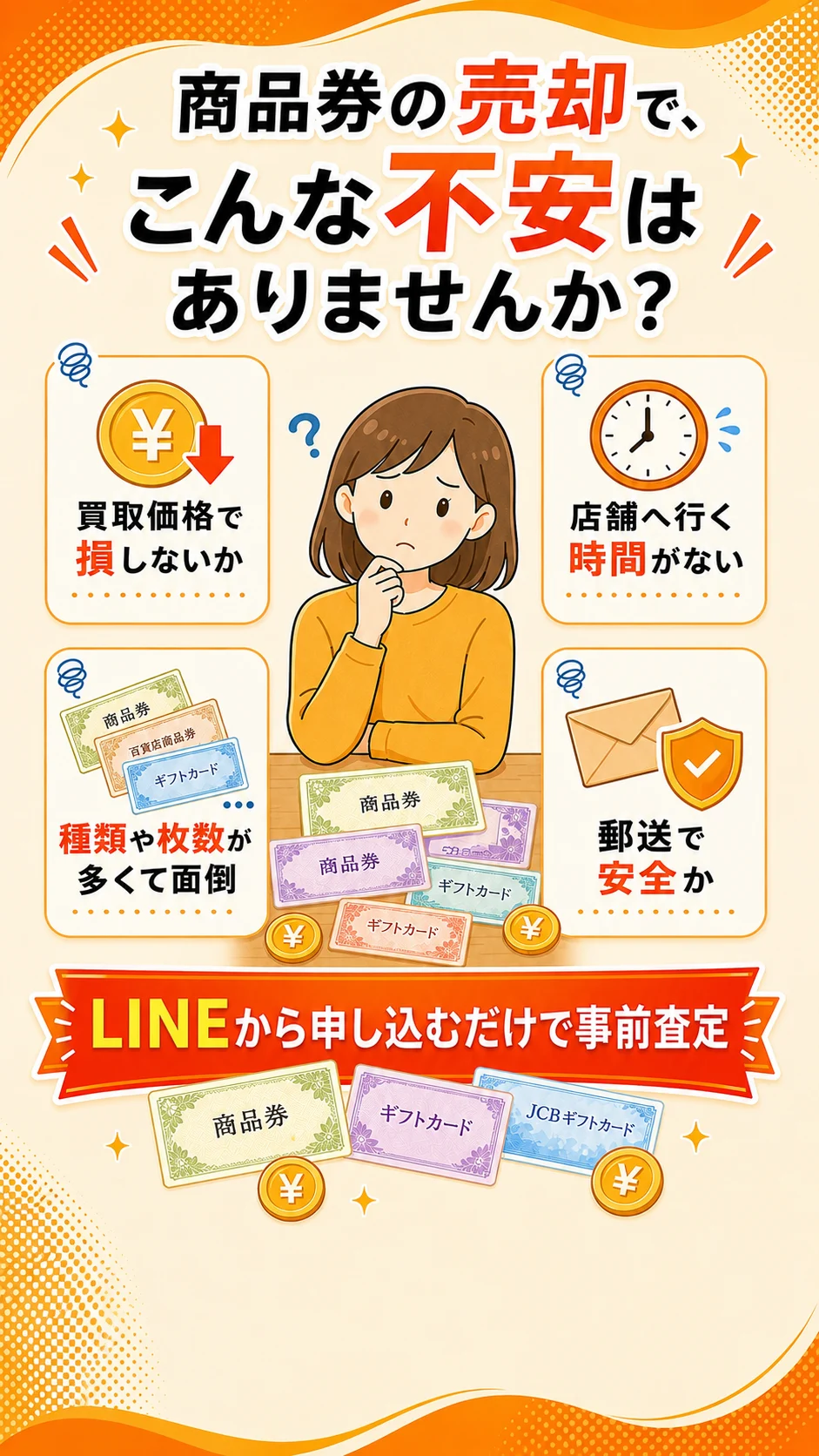 商品券の売却で、こんな不安はありませんか？LINEから申し込むだけで事前査定。