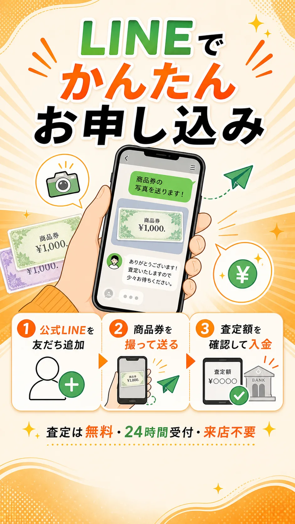LINEでかんたんお申し込み。公式LINEを友だち追加して商品券を撮って送るだけ。査定は無料・24時間受付・来店不要。